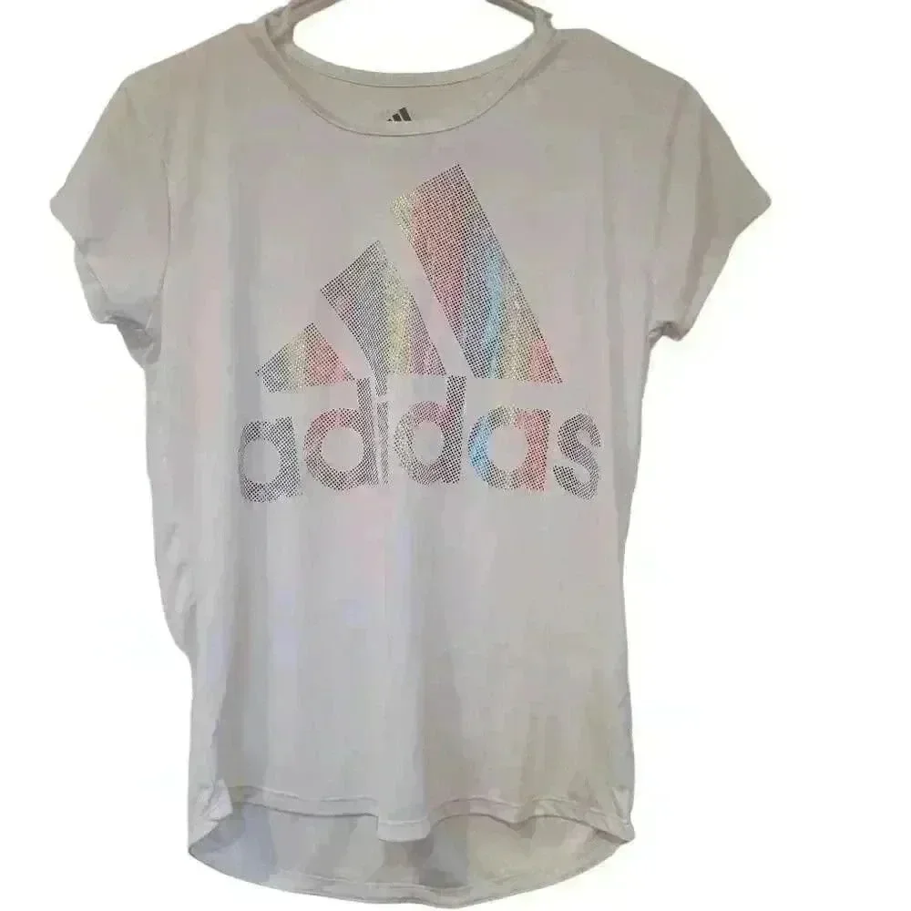 Adidas Girl's White Poly Short Sleeve Foil Rainbow Graphic Scoop Neck T-Shirt NE